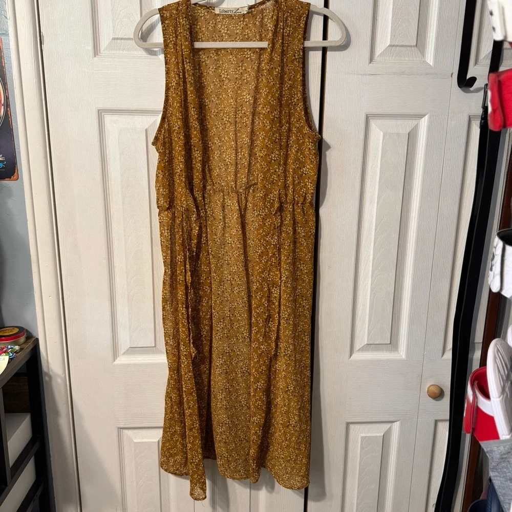 Liberty Love Size Large - Mustard Floral Sleeveless Sheer Kimono with Tie Waist - Picture 3 of 4